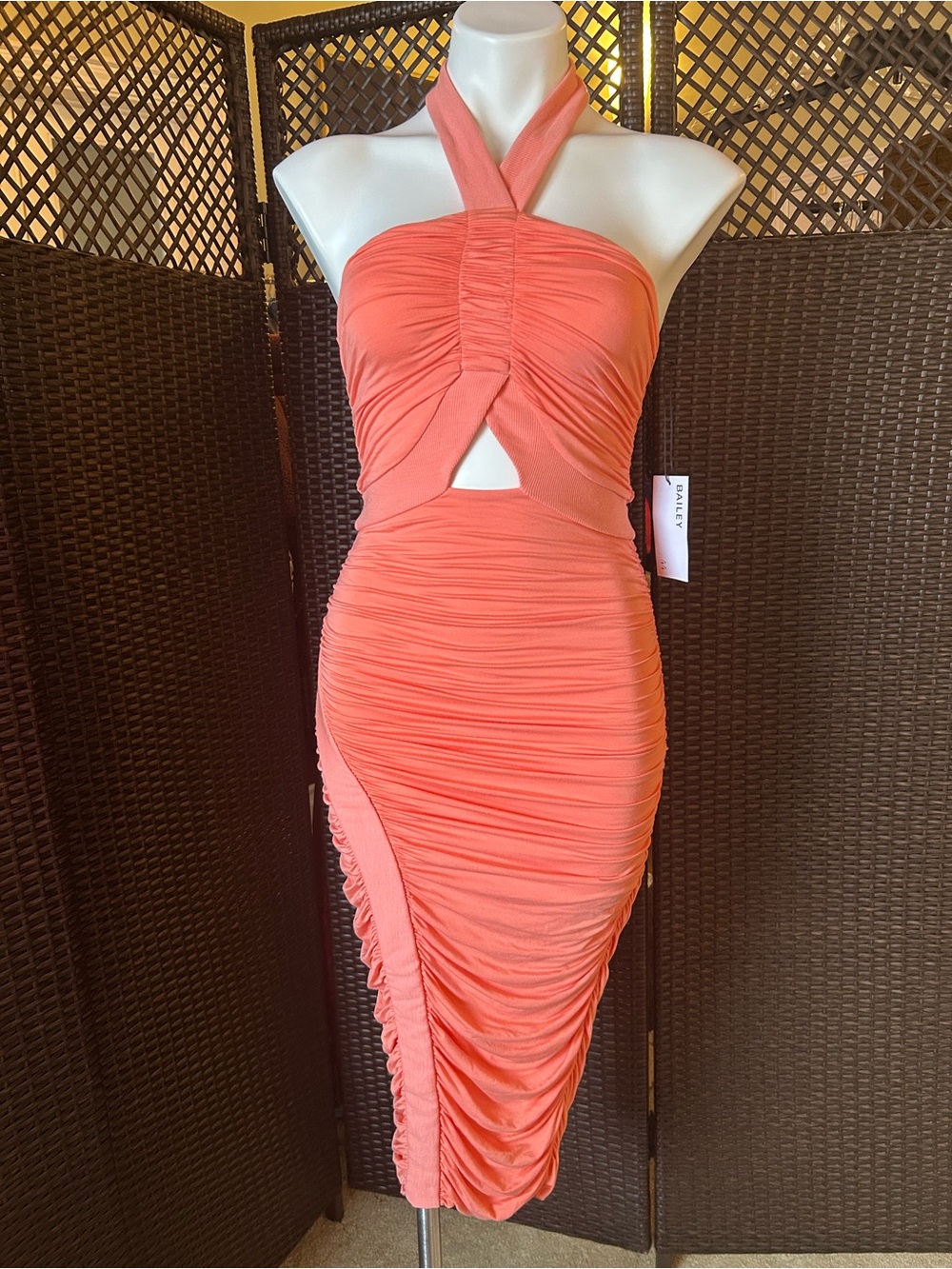 NWT Bailey 44 Coral Halter Ruched Midi Dress with Keyhole